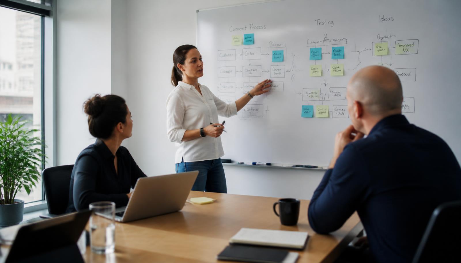 Colleagues mapping a business process on a whiteboard during a working session