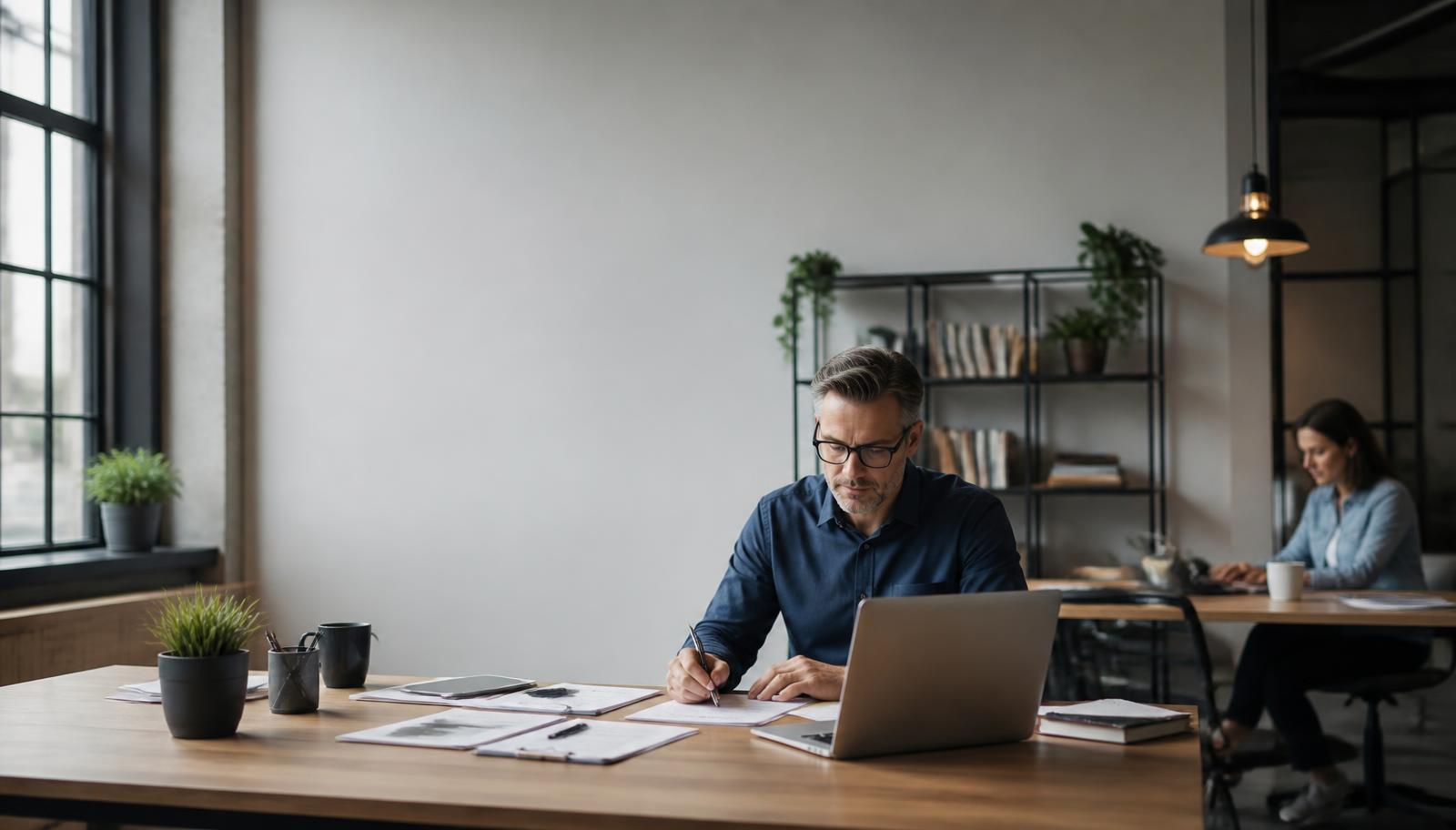 A business owner working calmly in an organized office environment